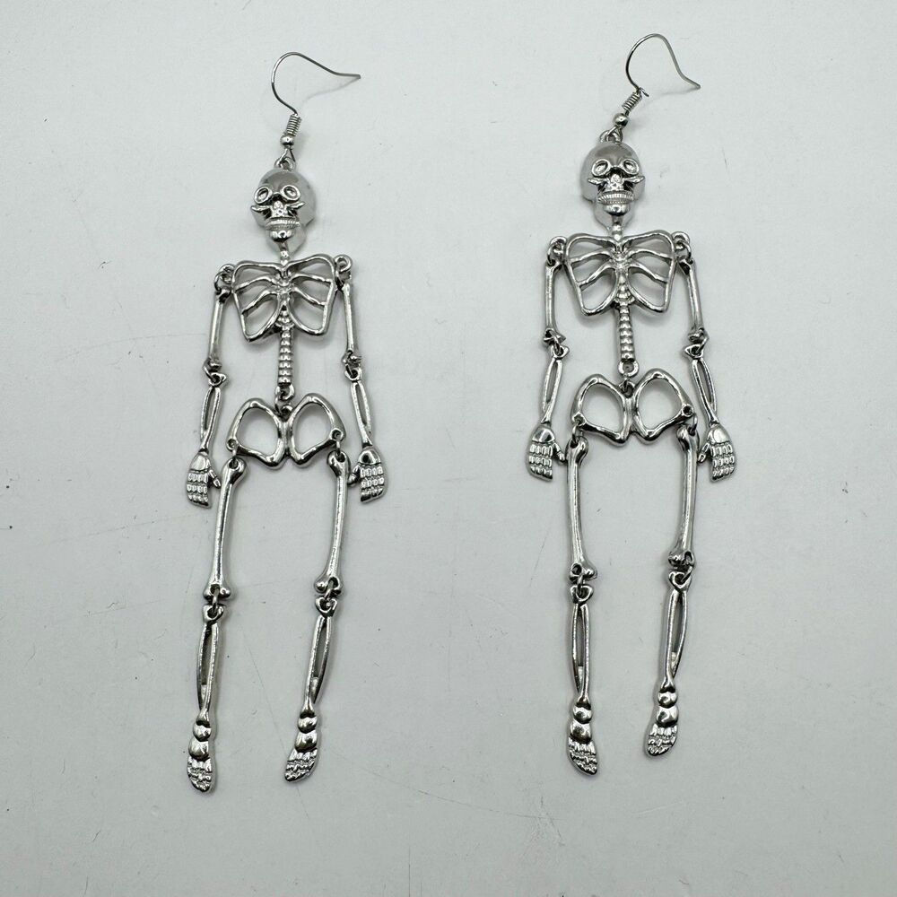 Halloween Skeleton Long Dangle Earrings Silver Tone 5”